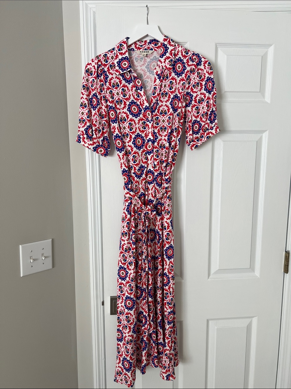 Boden Red & Blue Floral Medallion Tie-Waist Maxi Dress
